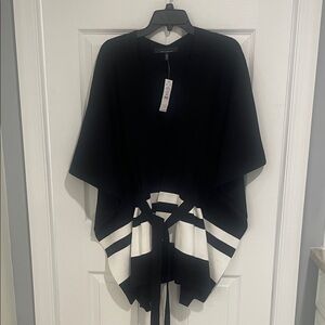 White House Black Market Colorblock  Knit Ruana Poncho, Black w Ecru